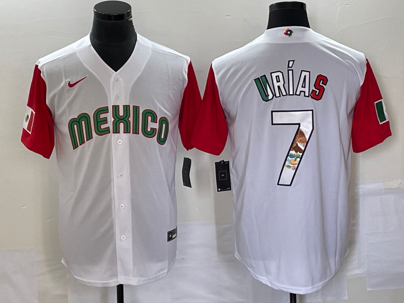 Men's Mexico Baseball #7 Julio Urías 2023 White Red World Baseball With Patch Classic Stitched Jersey